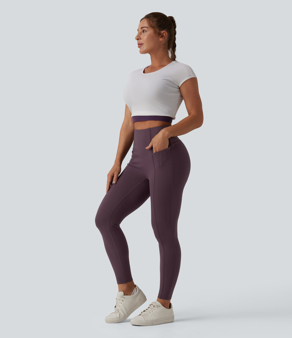 High Waisted Tummy Control 7/8 Casual Leggings with Pockets — Dusky Evening purple — view 7