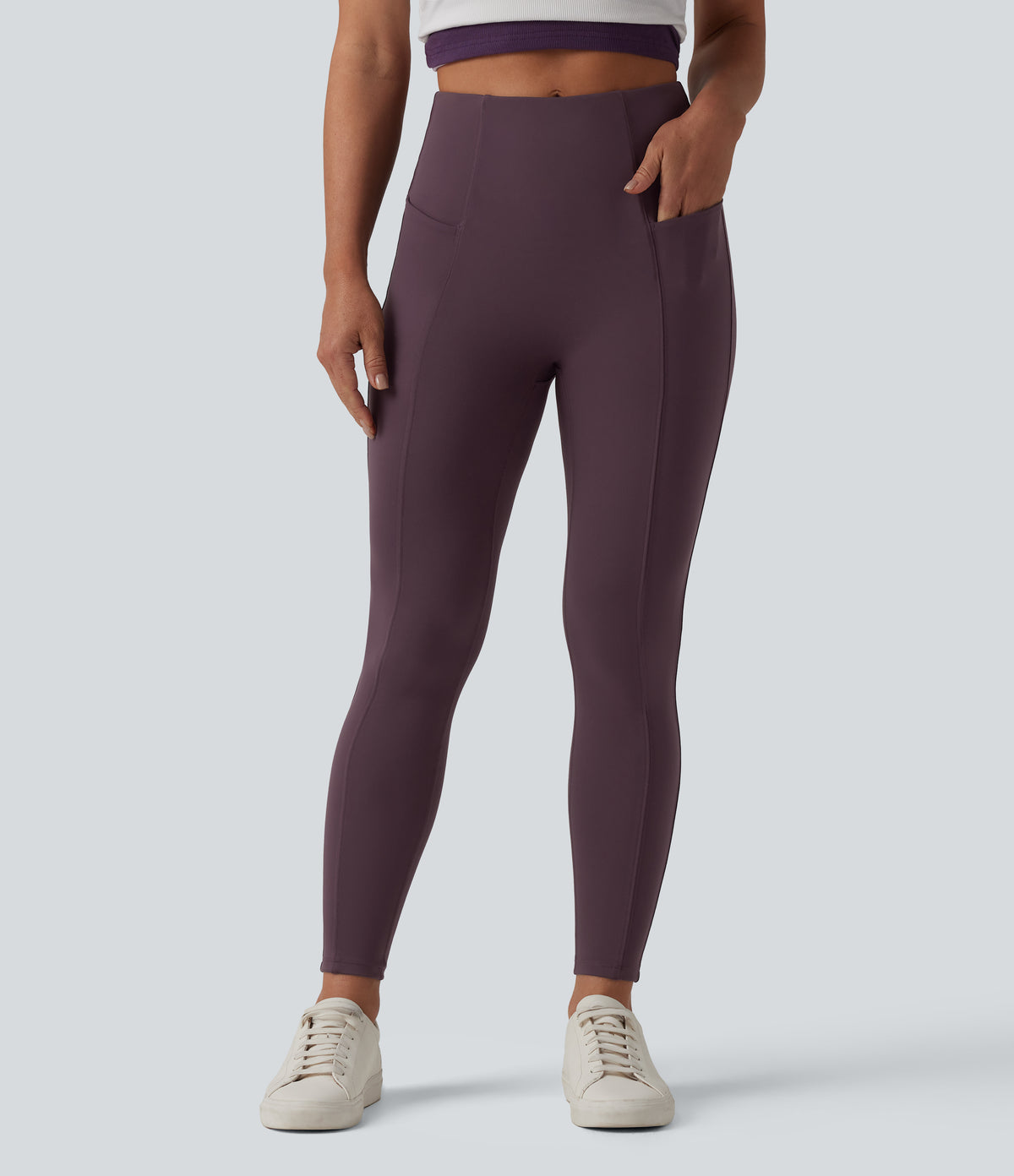 High Waisted Tummy Control 7/8 Casual Leggings with Pockets — Dusky Evening purple — view 3