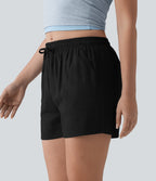 Mid Rise Drawstring Casual Linen Shorts with Pockets — Black — view 4