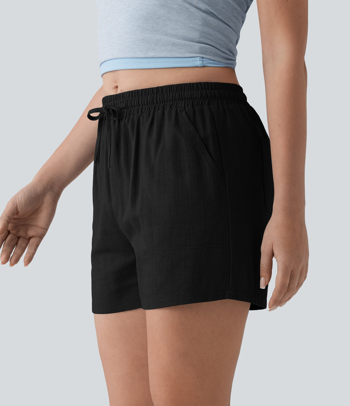 Mid Rise Drawstring Casual Linen Shorts with Pockets — Black — view 4