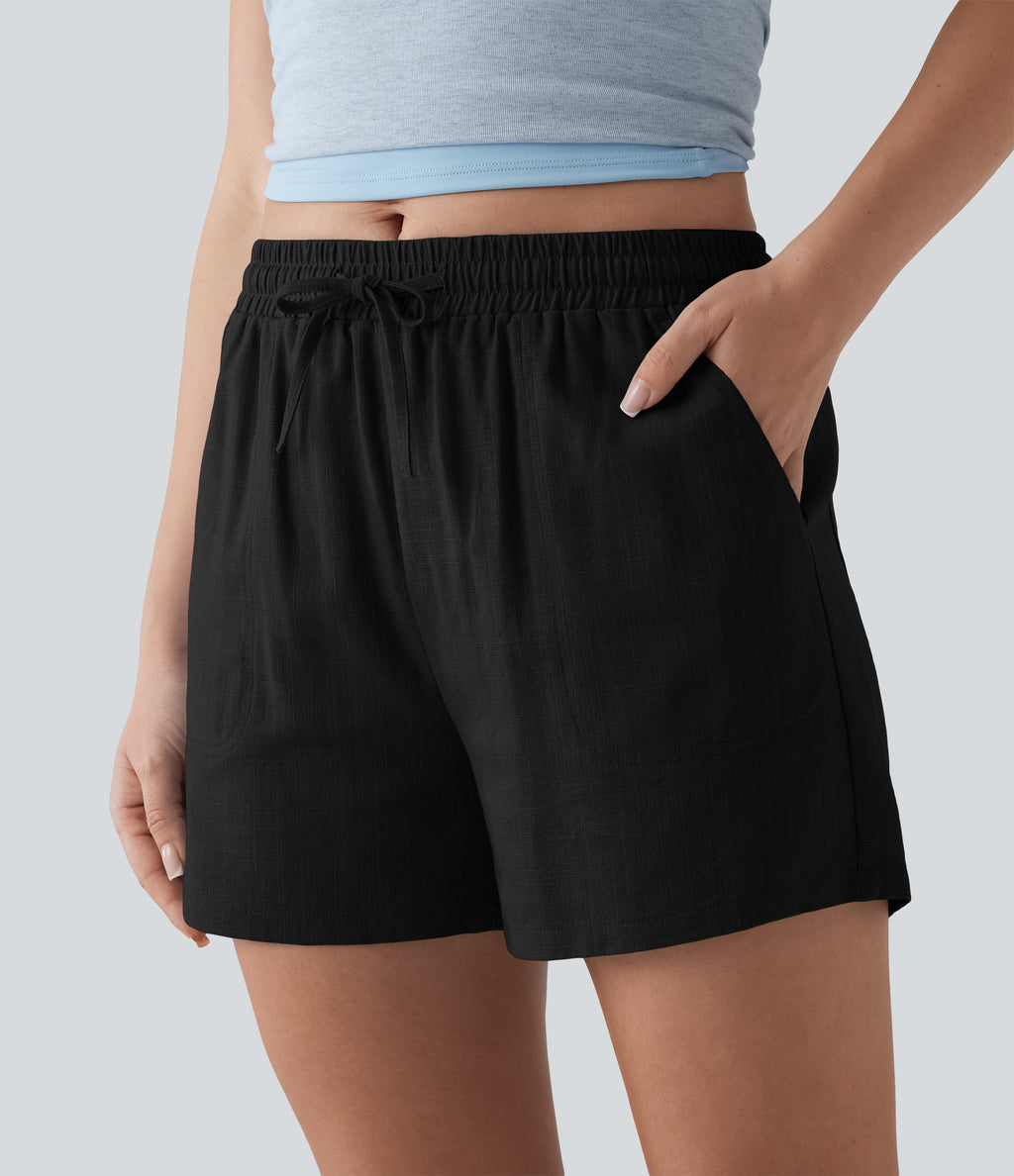Mid Rise Drawstring Casual Linen Shorts with Pockets — Black — view 1