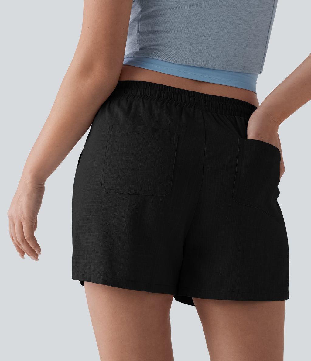 Mid Rise Drawstring Casual Linen Shorts with Pockets — Black — view 5