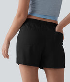 Mid Rise Drawstring Casual Linen Shorts with Pockets — Black — view 5