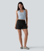 Mid Rise Drawstring Casual Linen Shorts with Pockets — Black — view 6