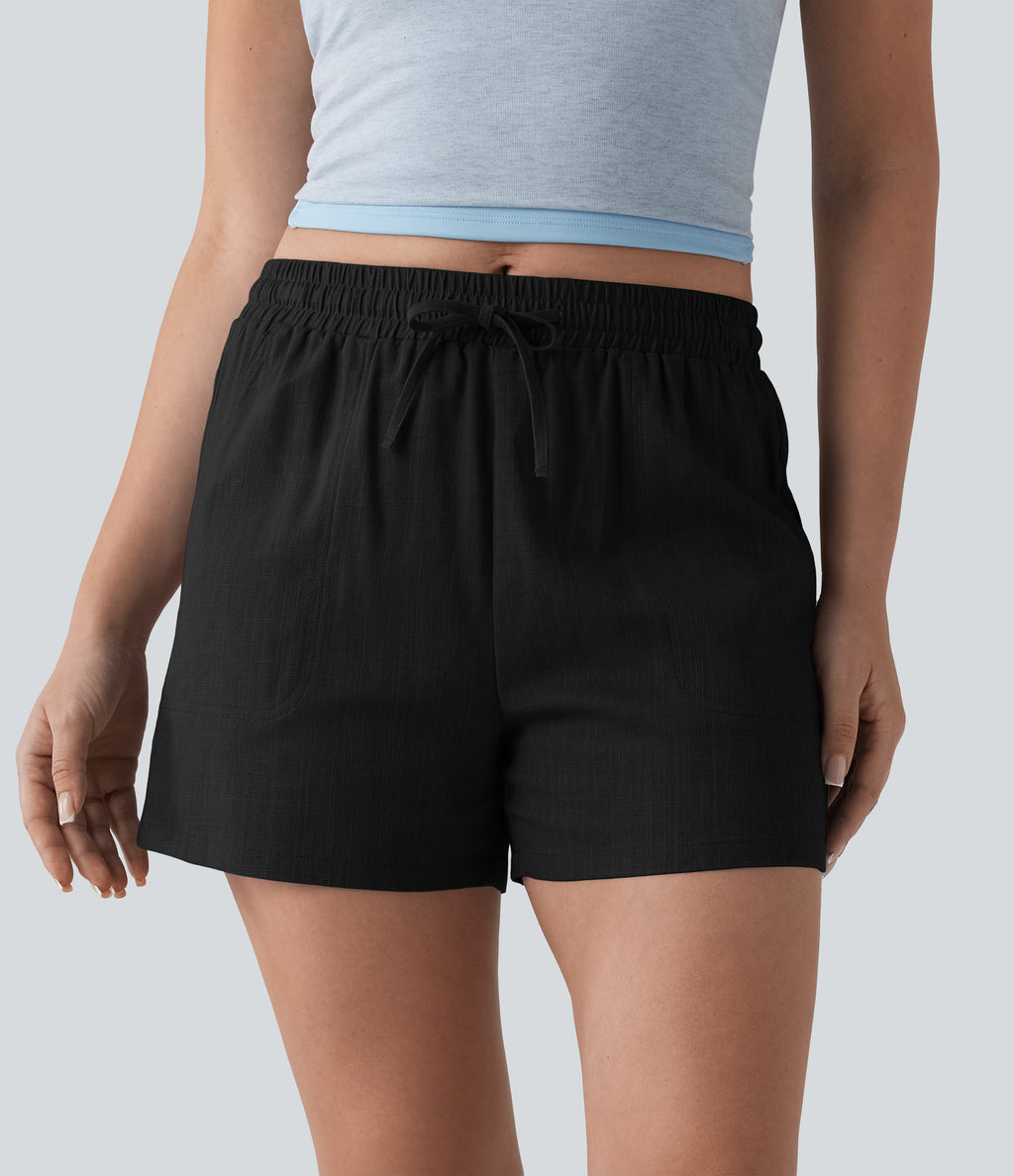 Mid Rise Drawstring Casual Linen Shorts with Pockets — Black — view 3