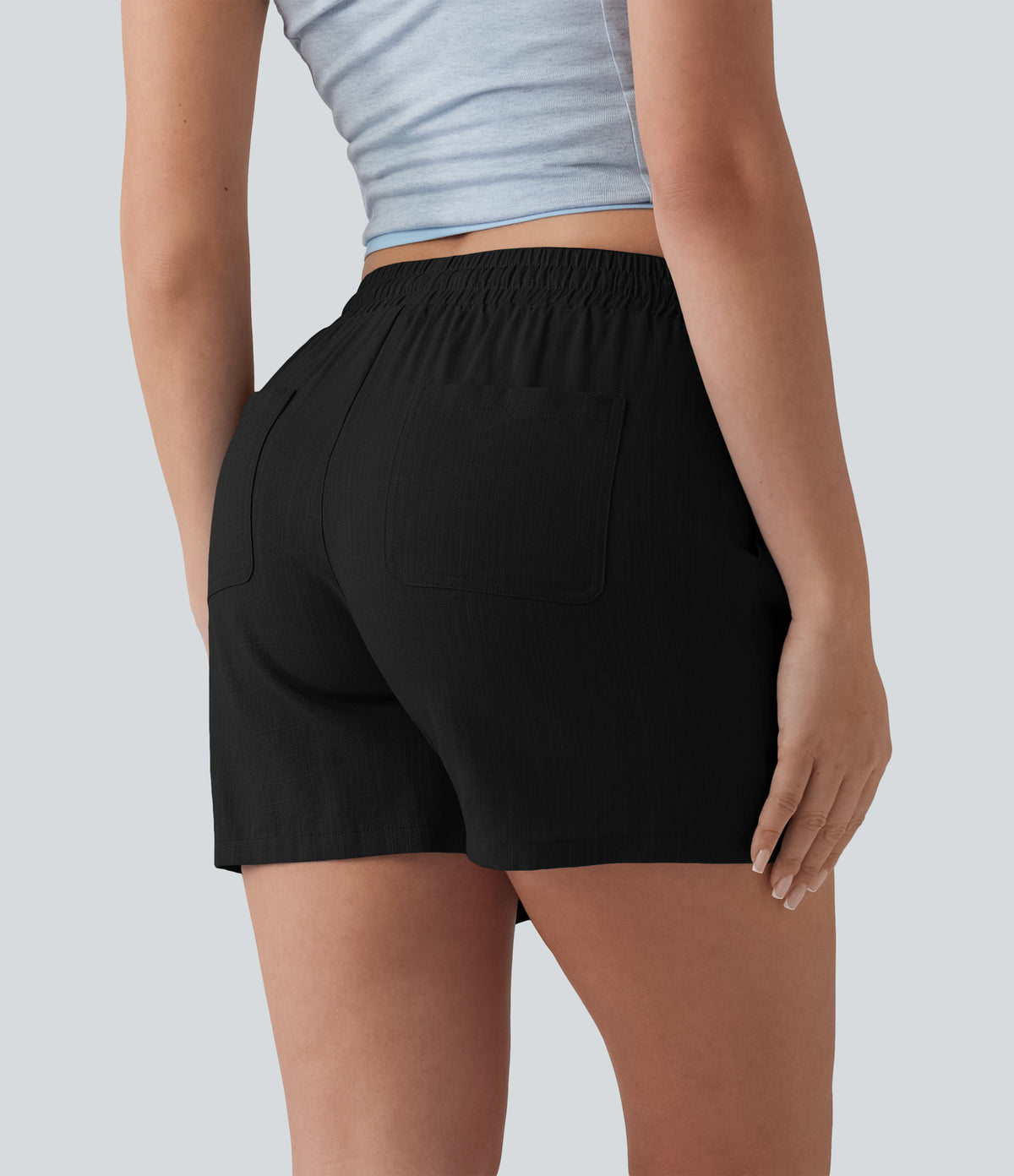 Mid Rise Drawstring Casual Linen Shorts with Pockets — Black — view 2
