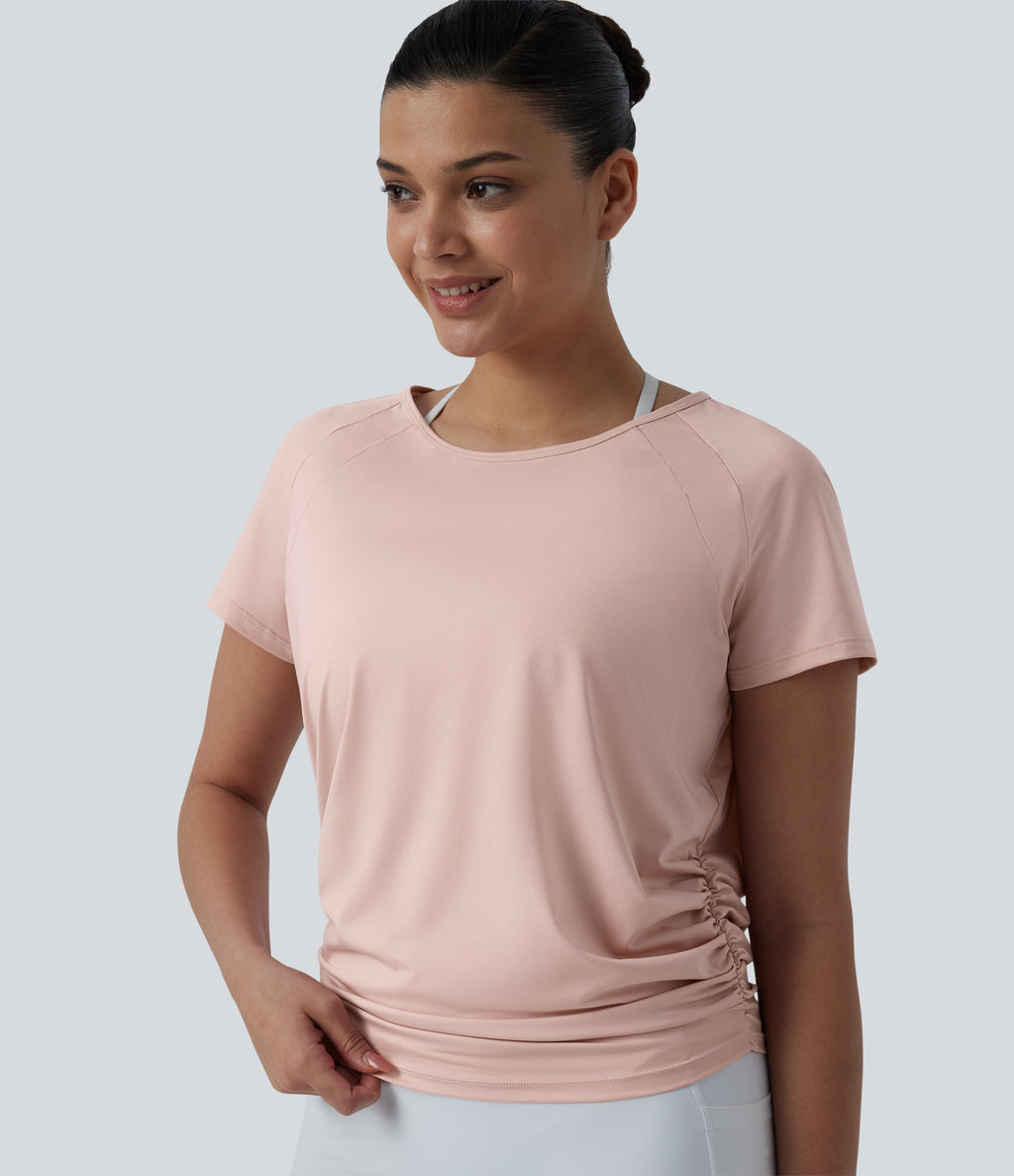 Round Neck Short Raglan Sleeve Cut-out Back Ruched Yoga Sports Top — Peach Whip — view 5