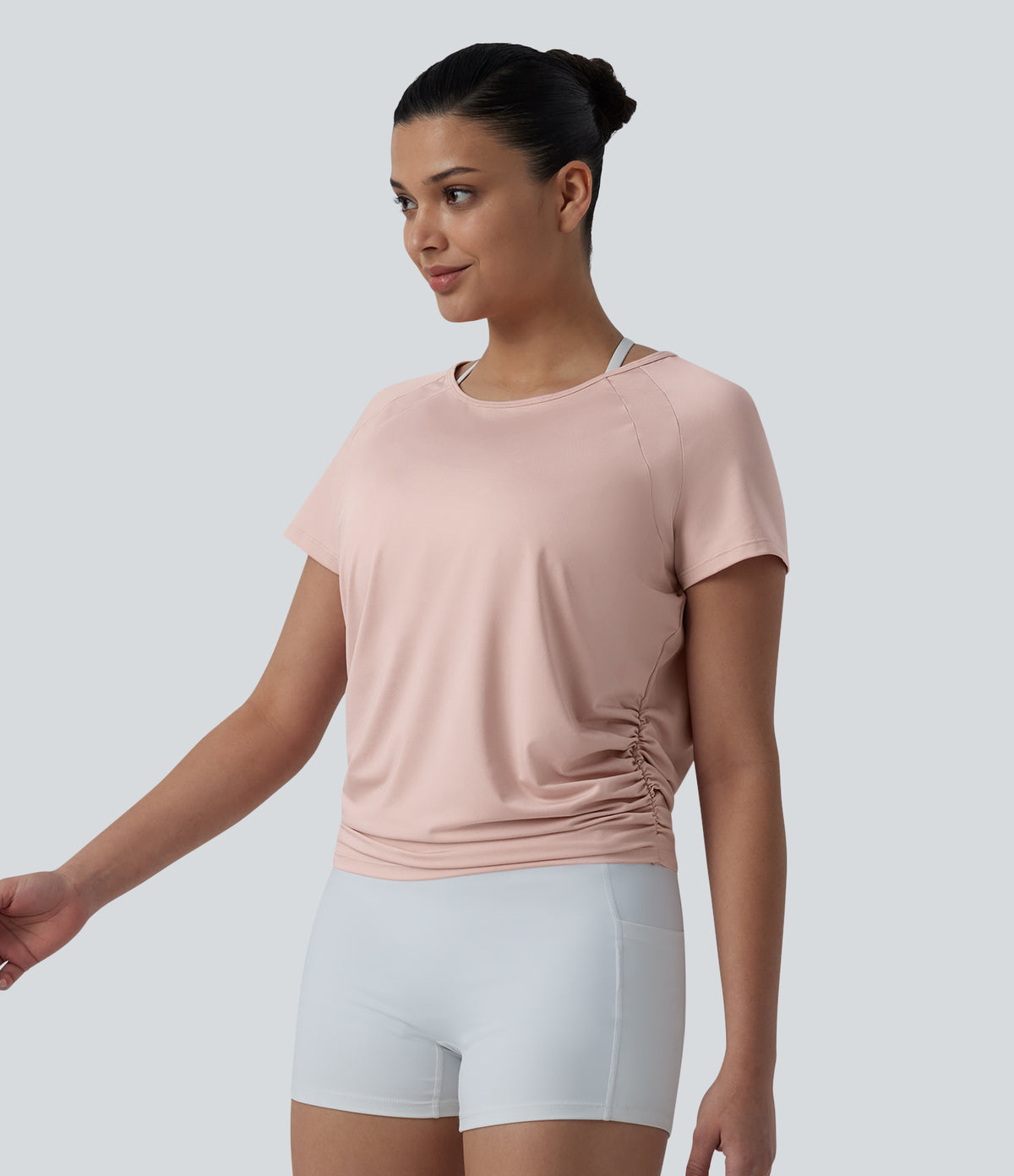 Round Neck Short Raglan Sleeve Cut-out Back Ruched Yoga Sports Top — Peach Whip — view 3