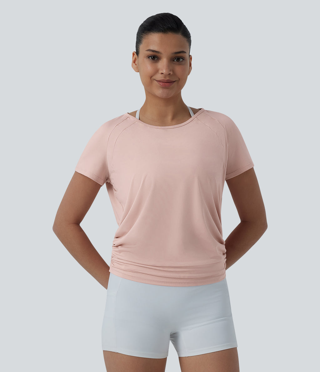 Round Neck Short Raglan Sleeve Cut-out Back Ruched Yoga Sports Top — Peach Whip — view 2