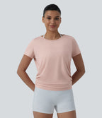 Round Neck Short Raglan Sleeve Cut-out Back Ruched Yoga Sports Top — Peach Whip — view 2