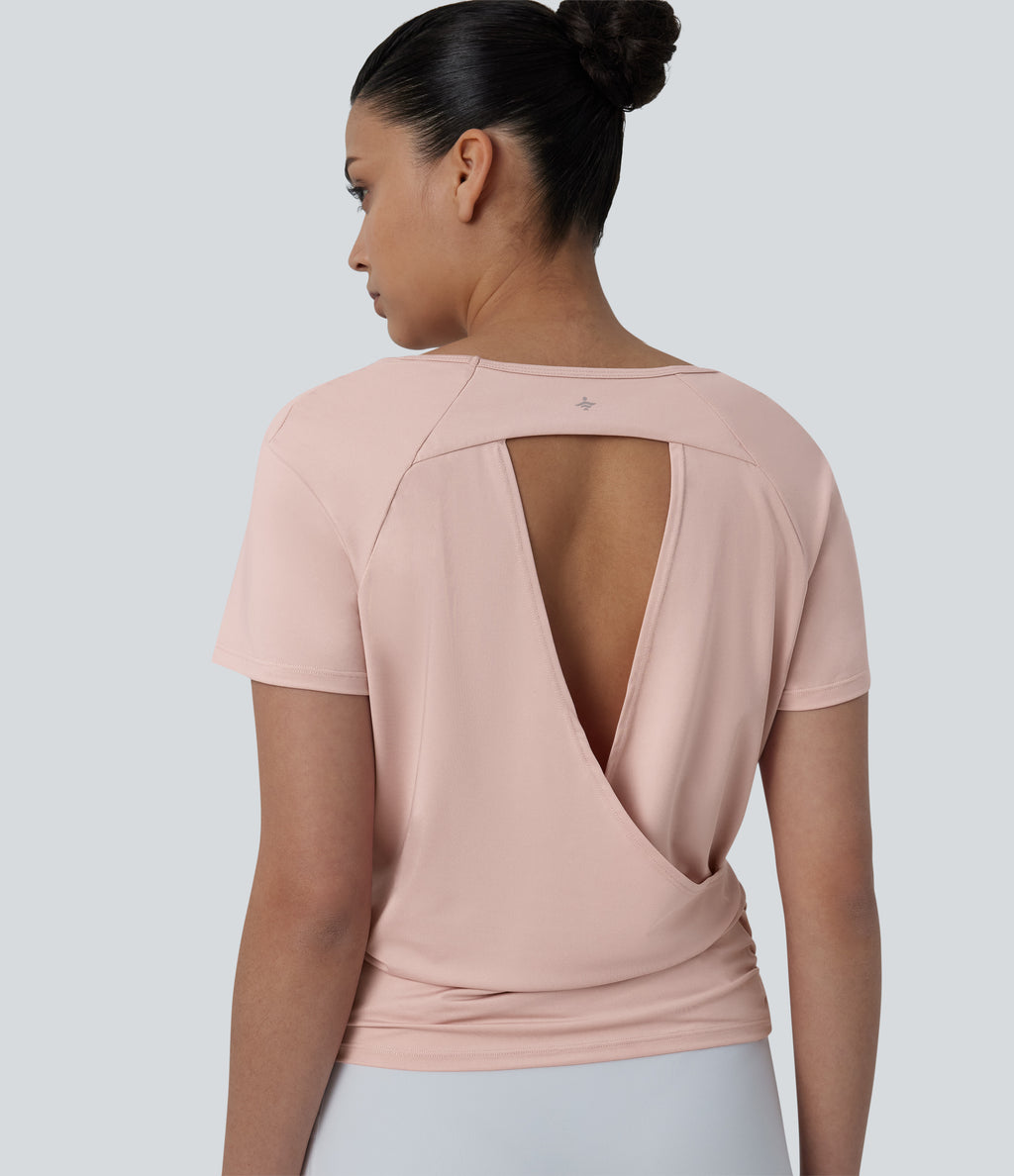 Round Neck Short Raglan Sleeve Cut-out Back Ruched Yoga Sports Top — Peach Whip — view 1