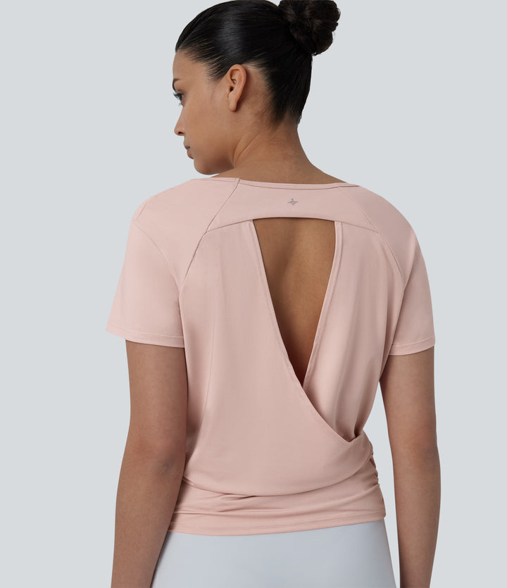 Round Neck Short Raglan Sleeve Cut-out Back Ruched Yoga Sports Top — Peach Whip — view 1