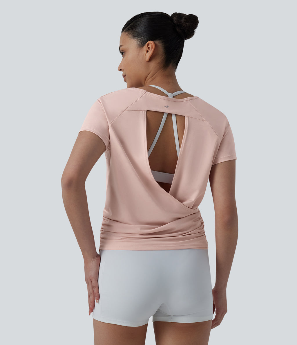 Round Neck Short Raglan Sleeve Cut-out Back Ruched Yoga Sports Top — Peach Whip — view 4