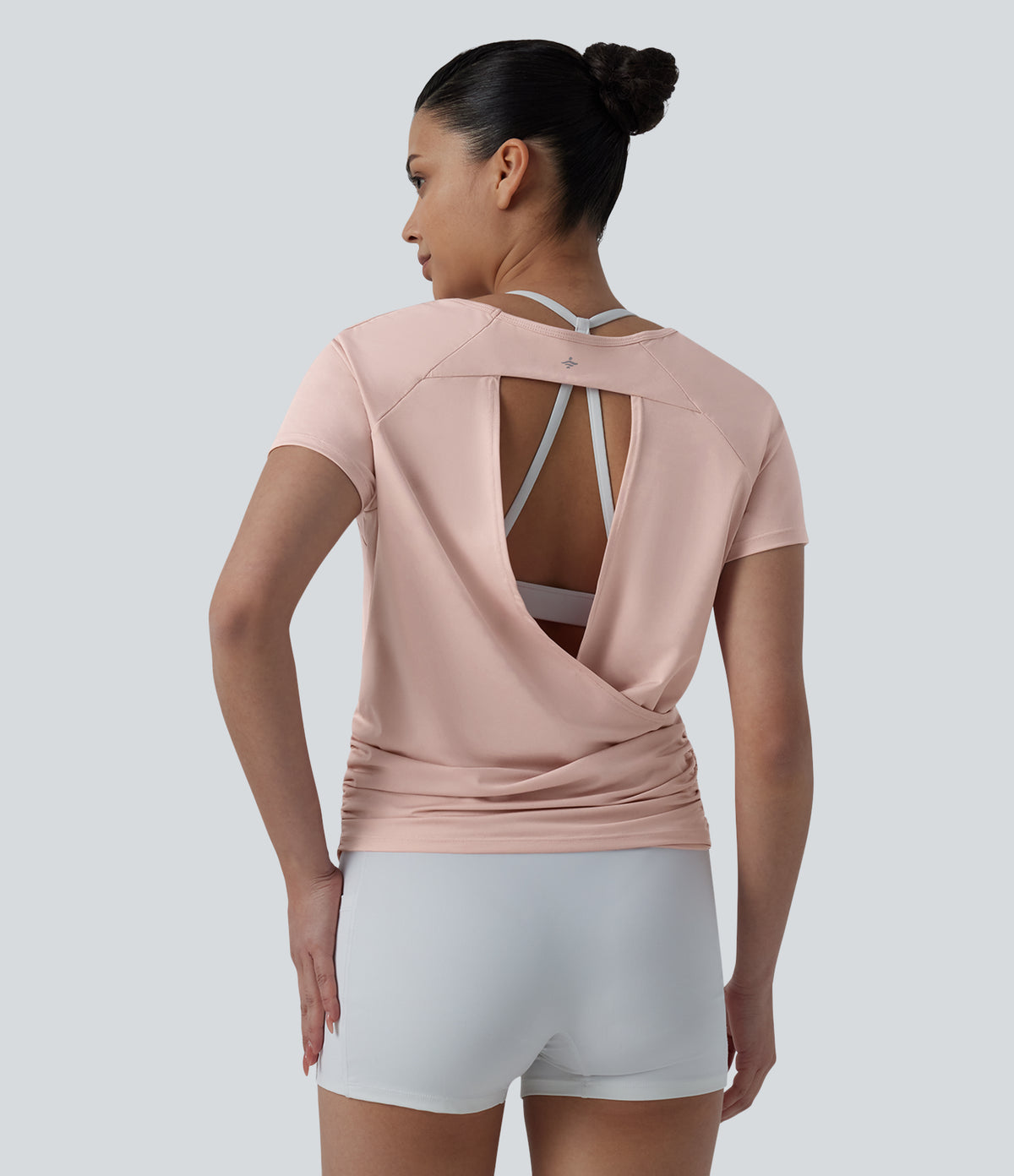 Round Neck Short Raglan Sleeve Cut-out Back Ruched Yoga Sports Top — Peach Whip — view 4