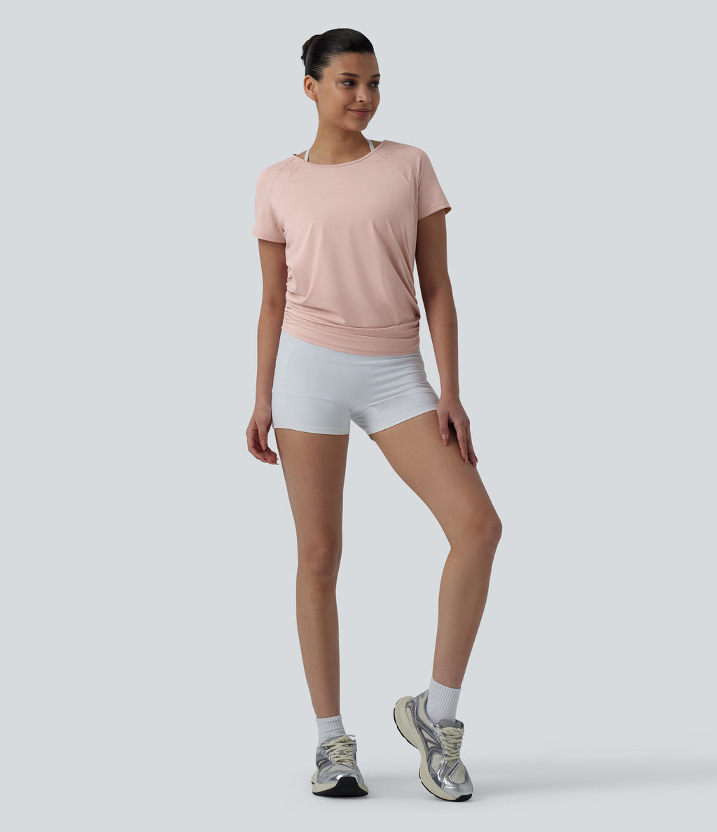 Round Neck Short Raglan Sleeve Cut-out Back Ruched Yoga Sports Top — Peach Whip — view 6