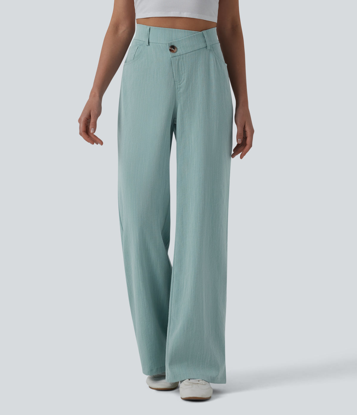 Crossover High Waisted Casual Linen-Feel Baggy Trousers with Pockets — Silverwood Sage — view 1