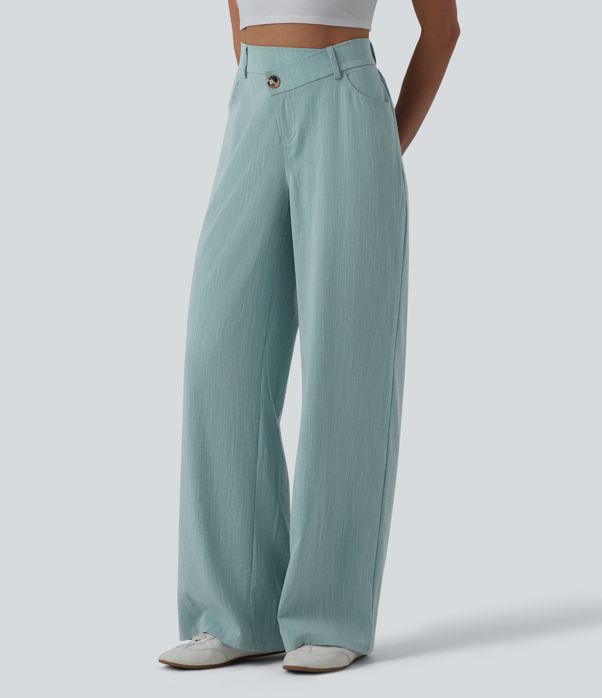 Crossover High Waisted Casual Linen-Feel Baggy Trousers with Pockets — Silverwood Sage — view 3