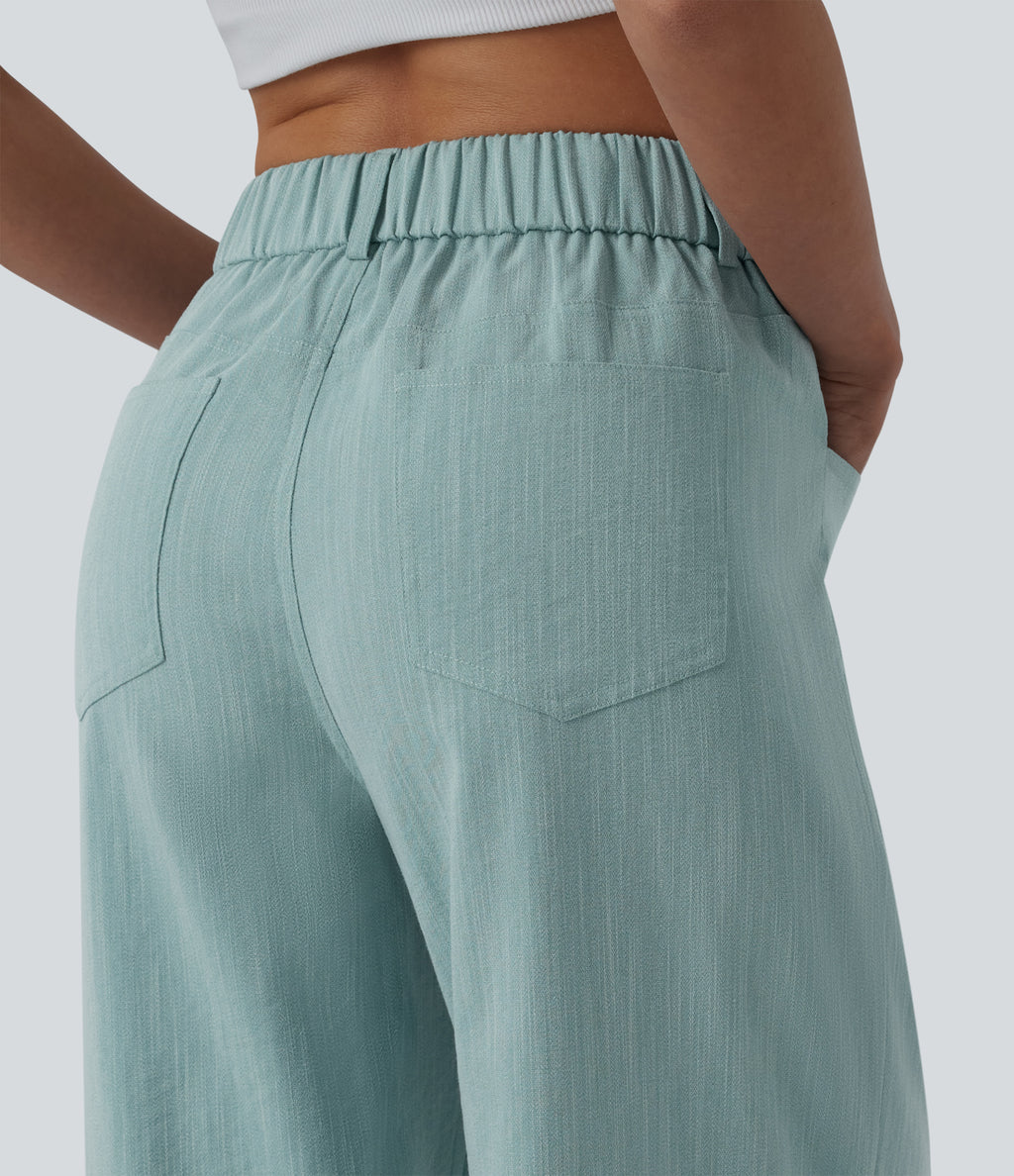 Crossover High Waisted Casual Linen-Feel Baggy Trousers with Pockets — Silverwood Sage — view 5