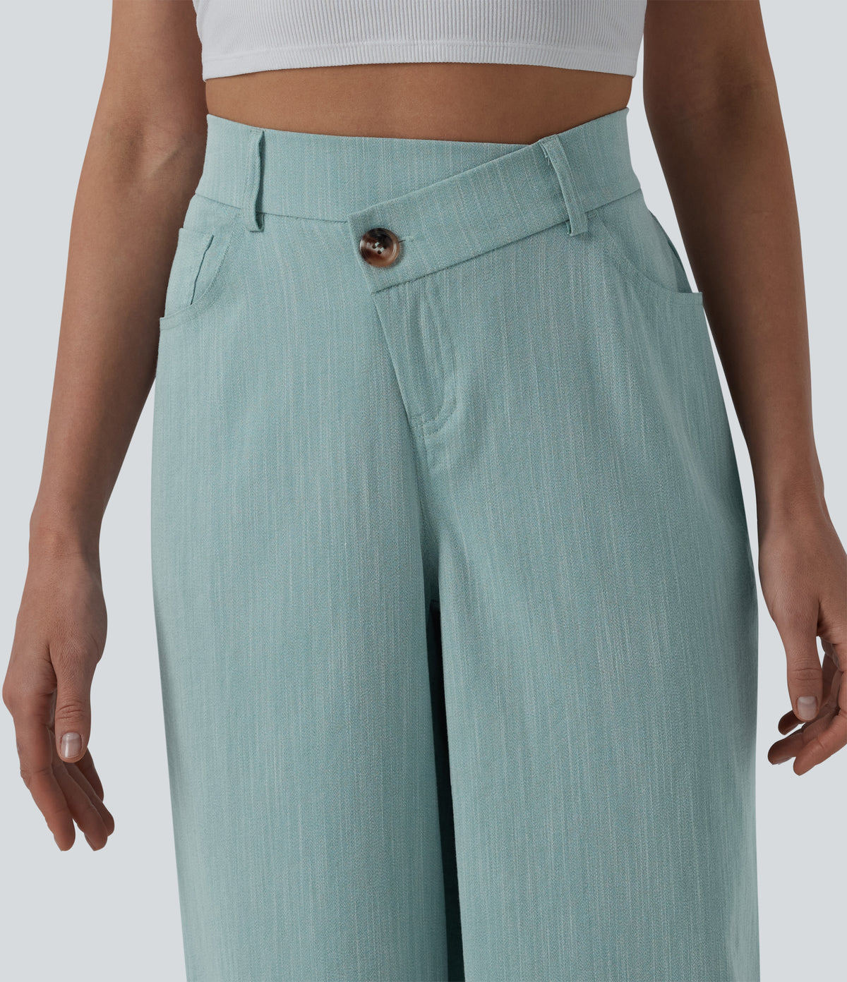 Crossover High Waisted Casual Linen-Feel Baggy Trousers with Pockets — Silverwood Sage — view 4