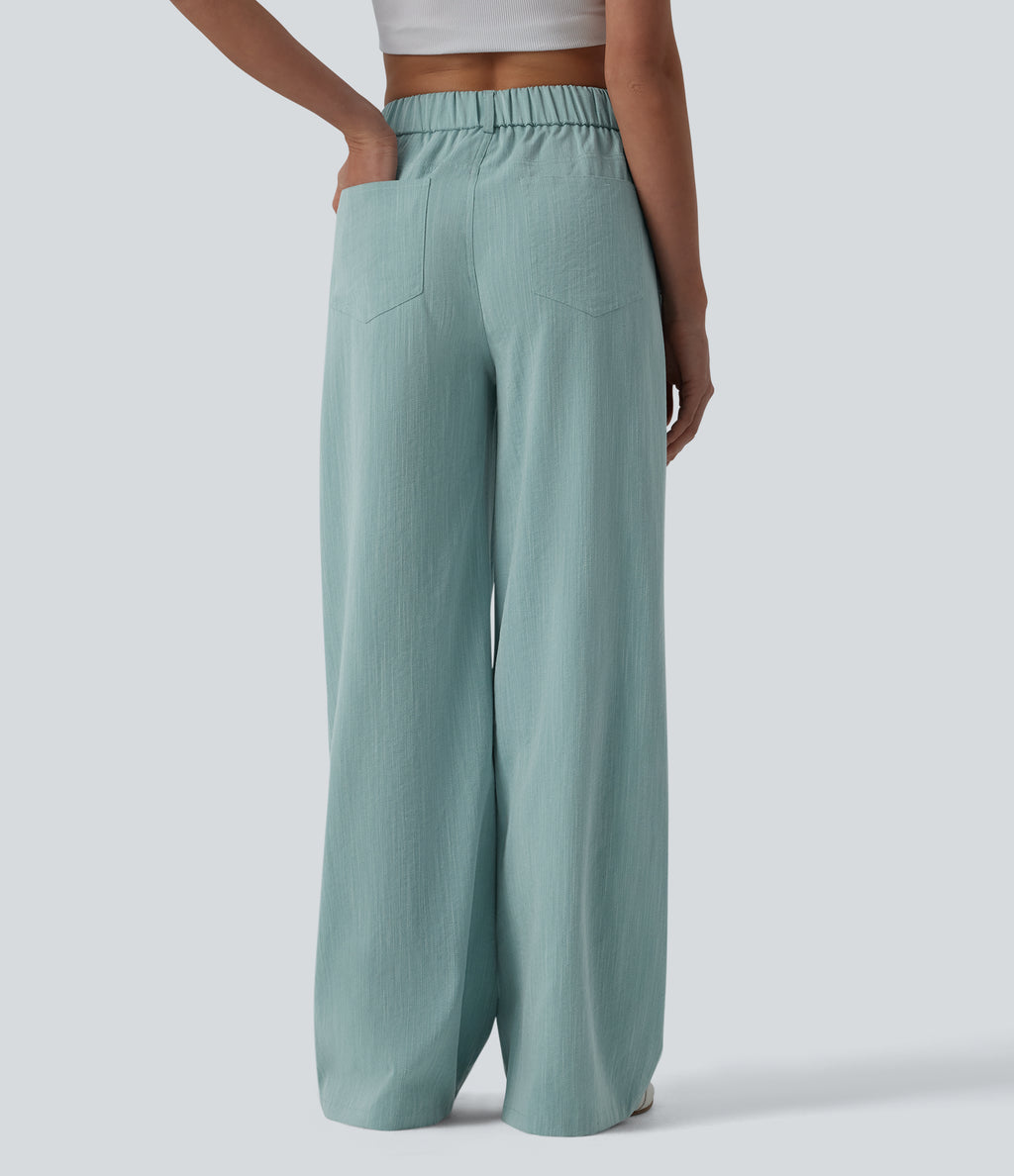 Crossover High Waisted Casual Linen-Feel Baggy Trousers with Pockets — Silverwood Sage — view 2