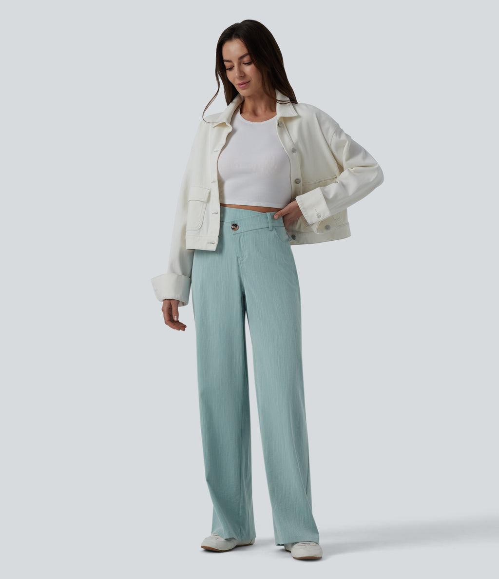 Crossover High Waisted Casual Linen-Feel Baggy Trousers with Pockets — Silverwood Sage — view 6