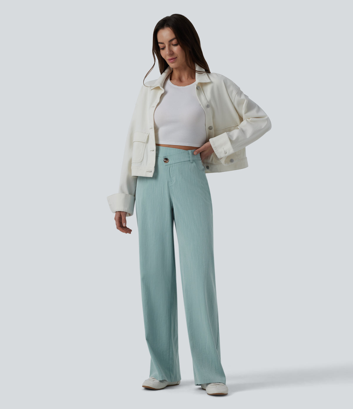 Crossover High Waisted Casual Linen-Feel Baggy Trousers with Pockets — Silverwood Sage — view 6