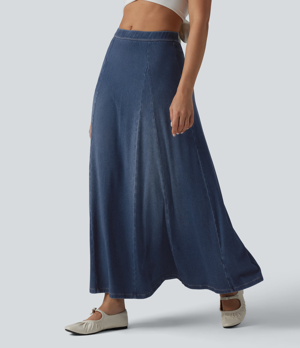 Mid Rise Draped Lyocell Flowy Mermaid Maxi Casual Skirt — Blue Jasper Denim — view 3