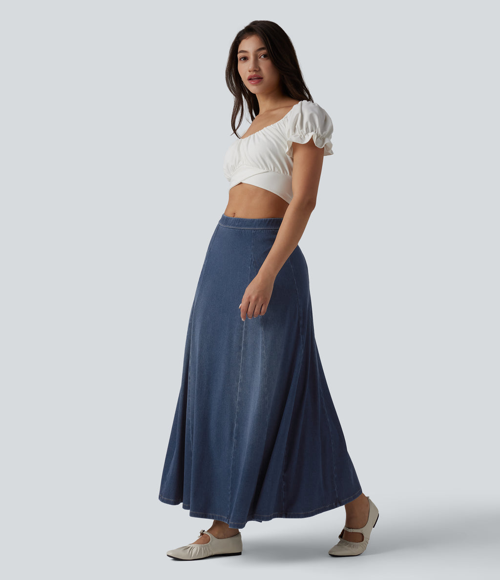 Mid Rise Draped Lyocell Flowy Mermaid Maxi Casual Skirt — Blue Jasper Denim — view 6