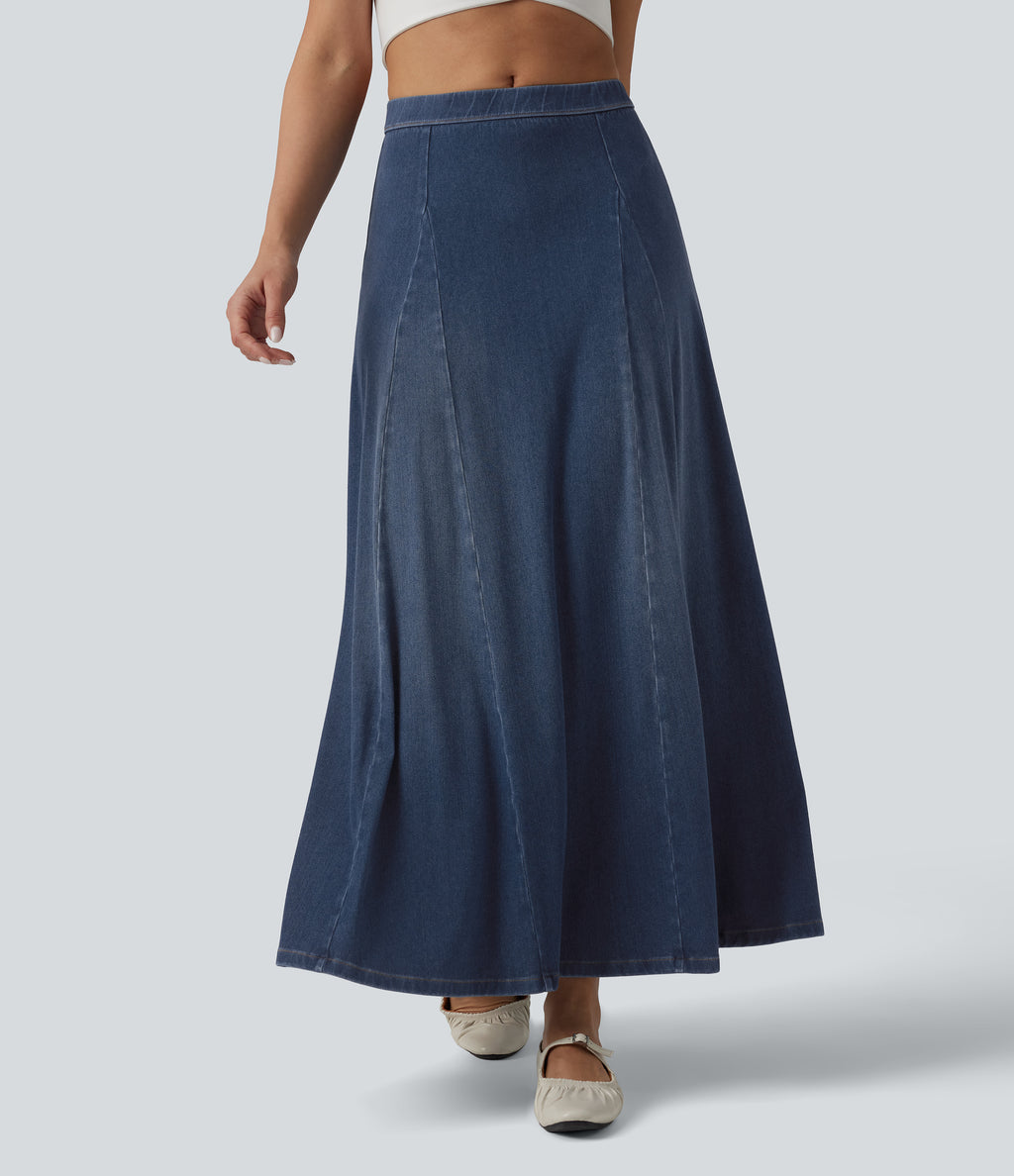 Mid Rise Draped Lyocell Flowy Mermaid Maxi Casual Skirt — Blue Jasper Denim — view 1