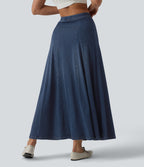 Mid Rise Draped Lyocell Flowy Mermaid Maxi Casual Skirt — Blue Jasper Denim — view 2
