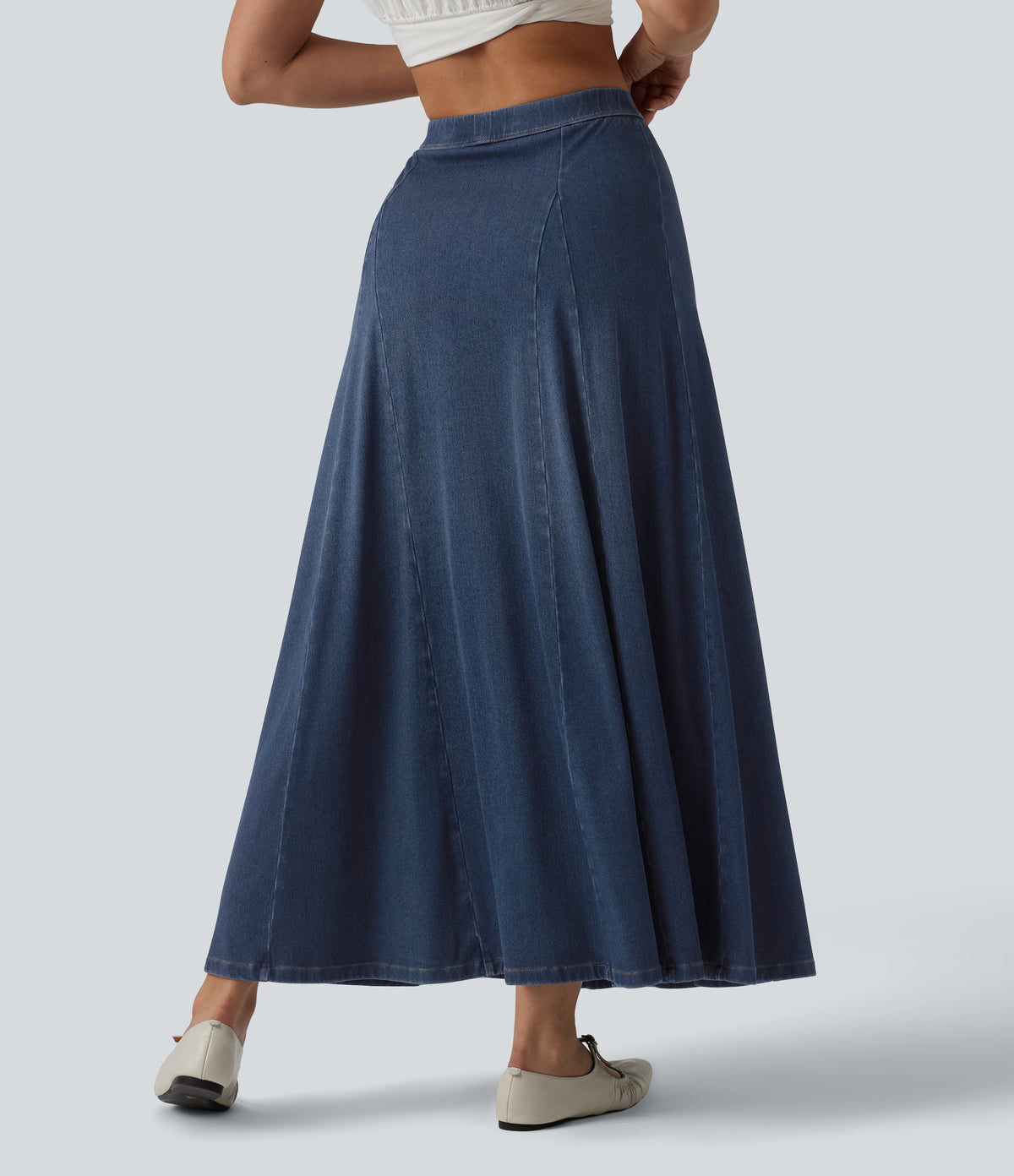 Mid Rise Draped Lyocell Flowy Mermaid Maxi Casual Skirt — Blue Jasper Denim — view 2