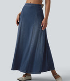 Mid Rise Draped Lyocell Flowy Mermaid Maxi Casual Skirt — Blue Jasper Denim — view 4