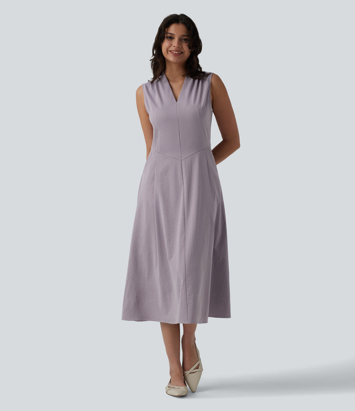 V-neck Pleated Sleeveless Invisible Zipper Midi Work Dress with Pockets — Sunrise Purple — view 1