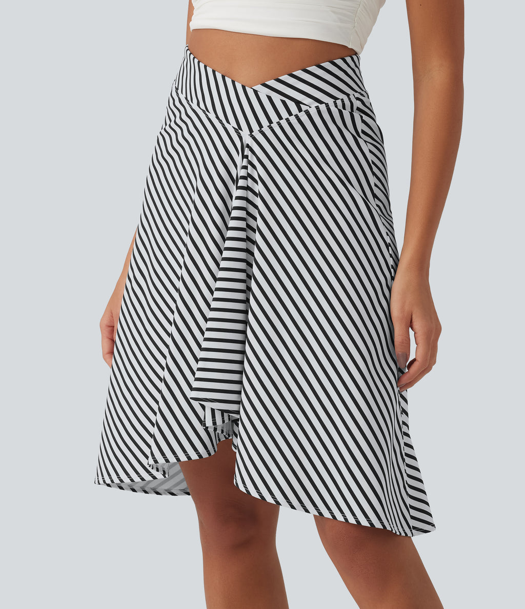 Crossover High Waisted Asymmetrical Hem Resort Skirt — Mono Stripe — view 4