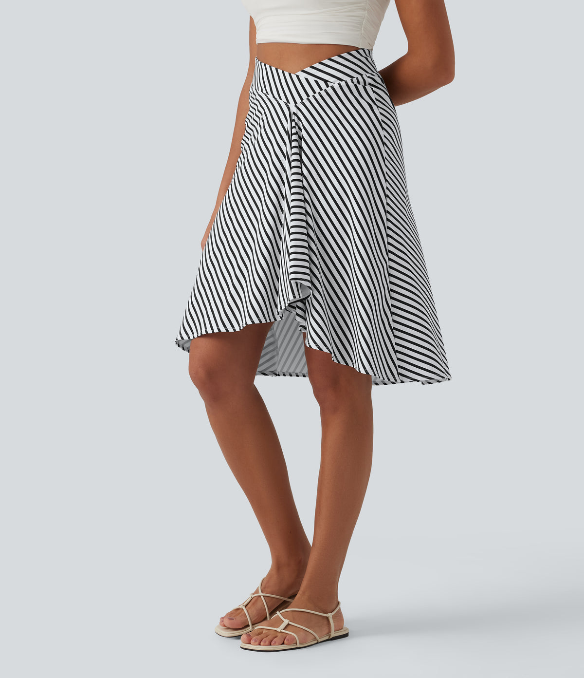 Crossover High Waisted Asymmetrical Hem Resort Skirt — Mono Stripe — view 3