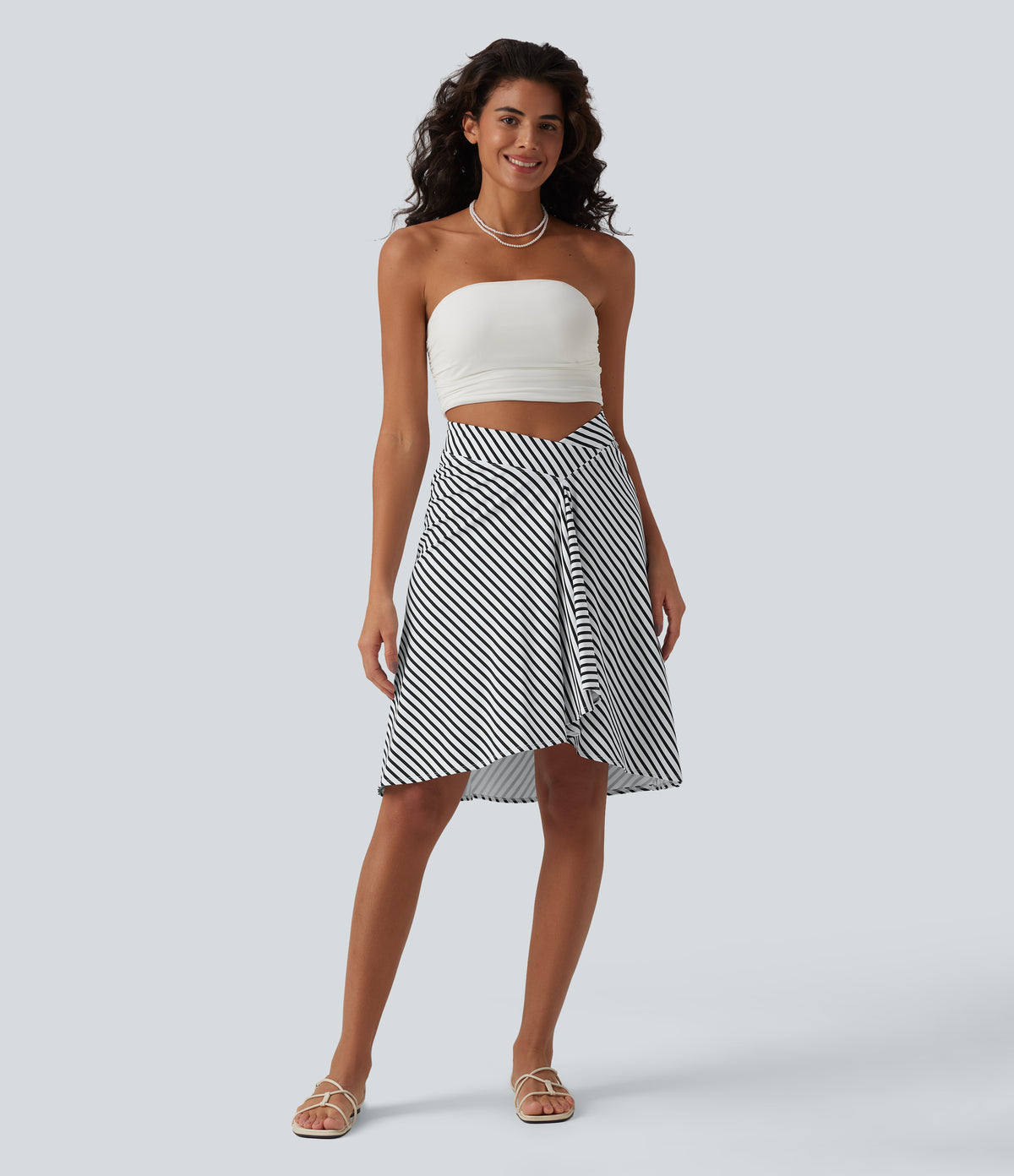 Crossover High Waisted Asymmetrical Hem Resort Skirt — Mono Stripe — view 5
