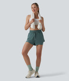 High Waisted Drawstring 2-in-1 Running Shorts with Pockets — Silver Pine — view 8