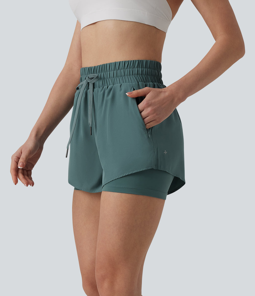 High Waisted Drawstring 2-in-1 Running Shorts with Pockets — Silver Pine — view 3