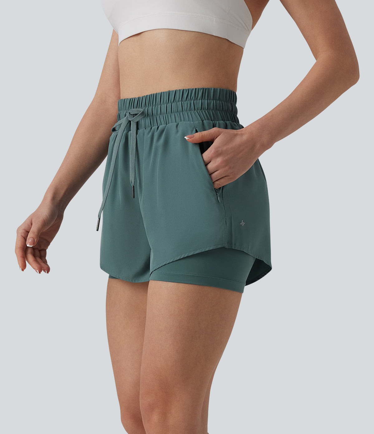 High Waisted Drawstring 2-in-1 Running Shorts with Pockets — Silver Pine — view 3
