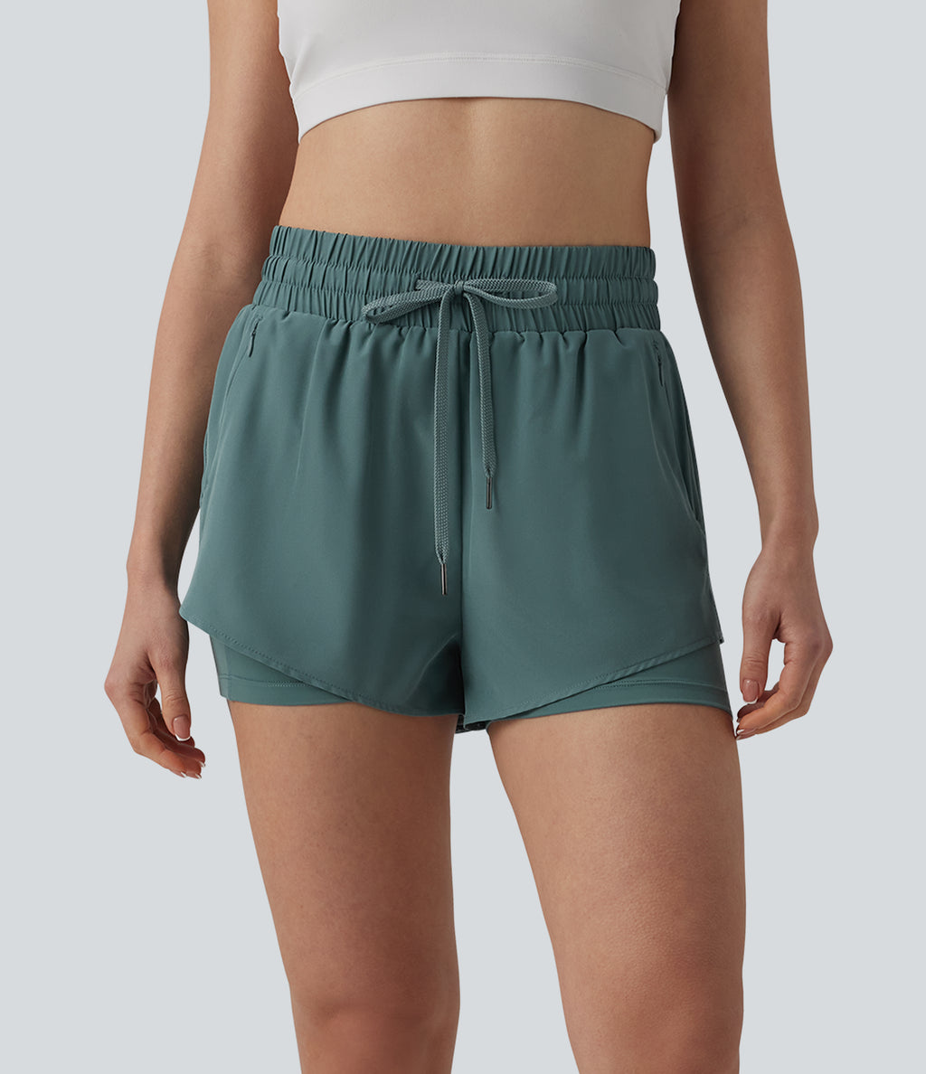 High Waisted Drawstring 2-in-1 Running Shorts with Pockets — Silver Pine — view 4