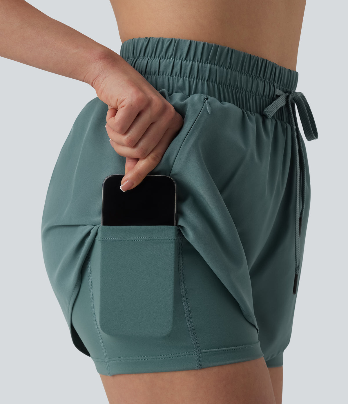 High Waisted Drawstring 2-in-1 Running Shorts with Pockets — Silver Pine — view 5