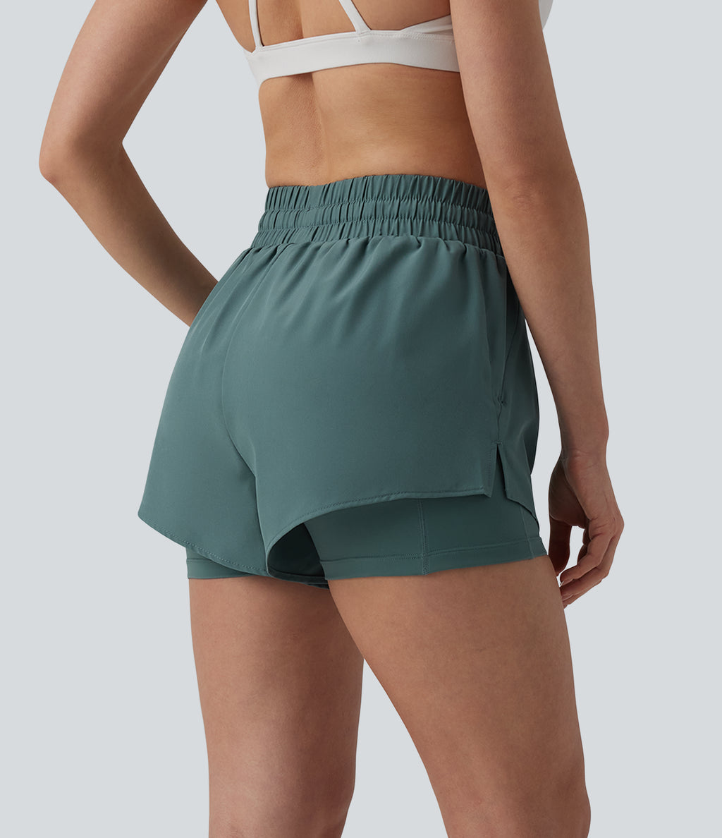 High Waisted Drawstring 2-in-1 Running Shorts with Pockets — Silver Pine — view 2