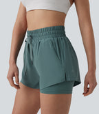 High Waisted Drawstring 2-in-1 Running Shorts with Pockets — Silver Pine — view 6