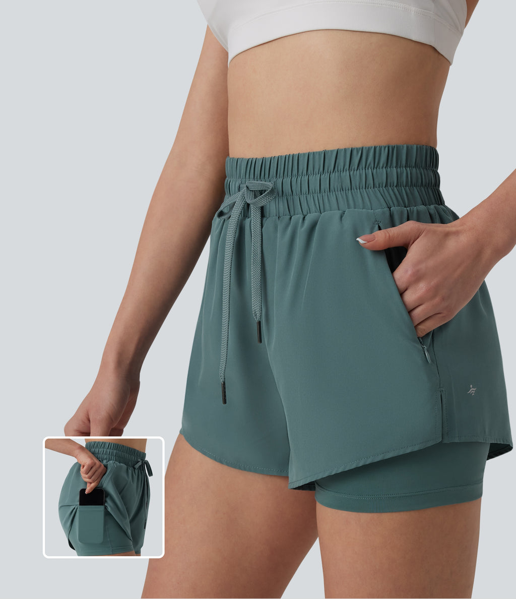 High Waisted Drawstring 2-in-1 Running Shorts with Pockets — Silver Pine — view 1