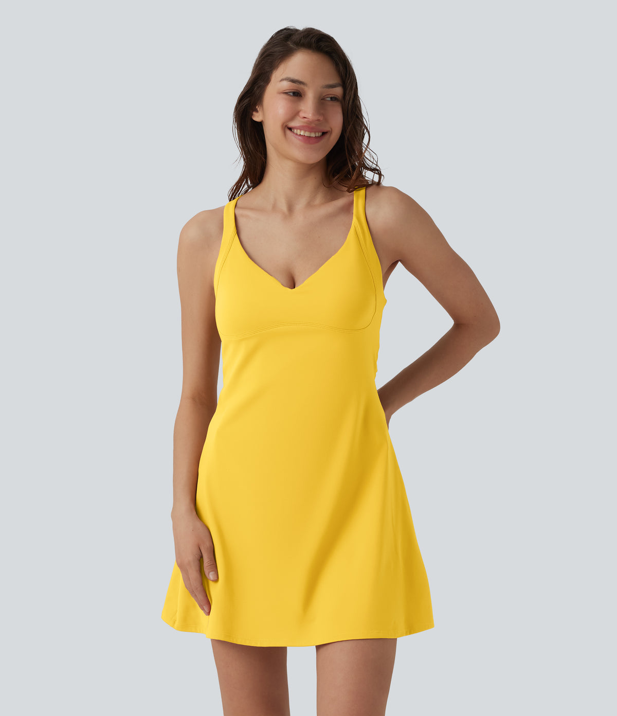 Plush V Neck 2-in-1 Mini Dance Active Dress with Pockets-Edition — Lemon Zest — view 2