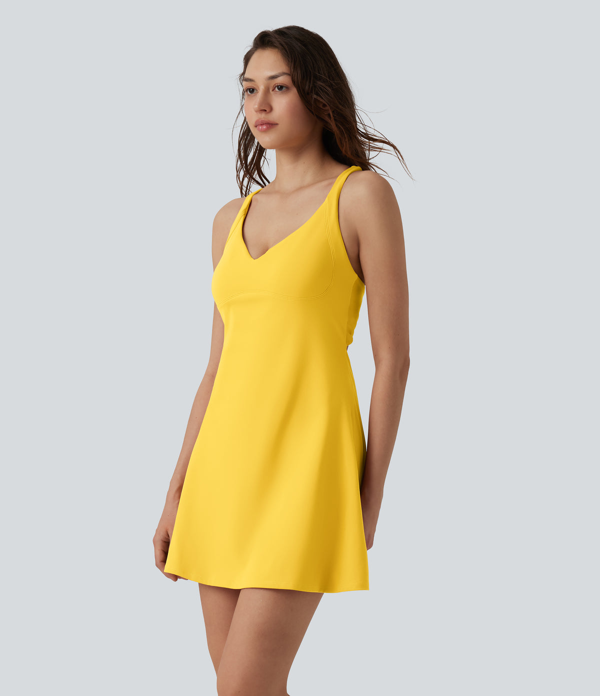 Plush V Neck 2-in-1 Mini Dance Active Dress with Pockets-Edition — Lemon Zest — view 3