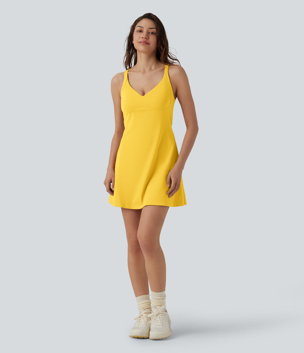 Plush V Neck 2-in-1 Mini Dance Active Dress with Pockets-Edition — Lemon Zest — view 8
