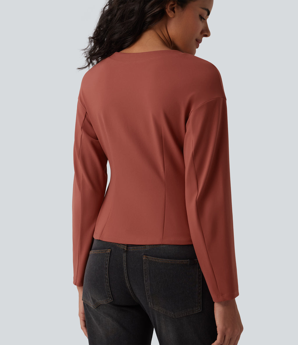 V-neck Long Sleeve Button Fly Casual Top — Goose Crest Red — view 5
