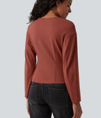 V-neck Long Sleeve Button Fly Casual Top — Goose Crest Red — view 5