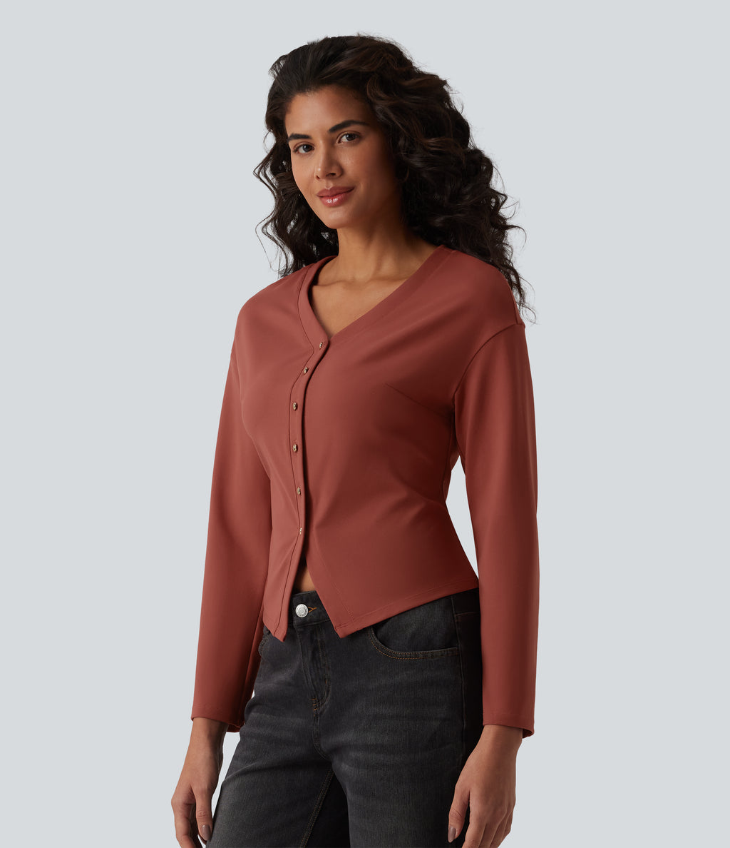 V-neck Long Sleeve Button Fly Casual Top — Goose Crest Red — view 4
